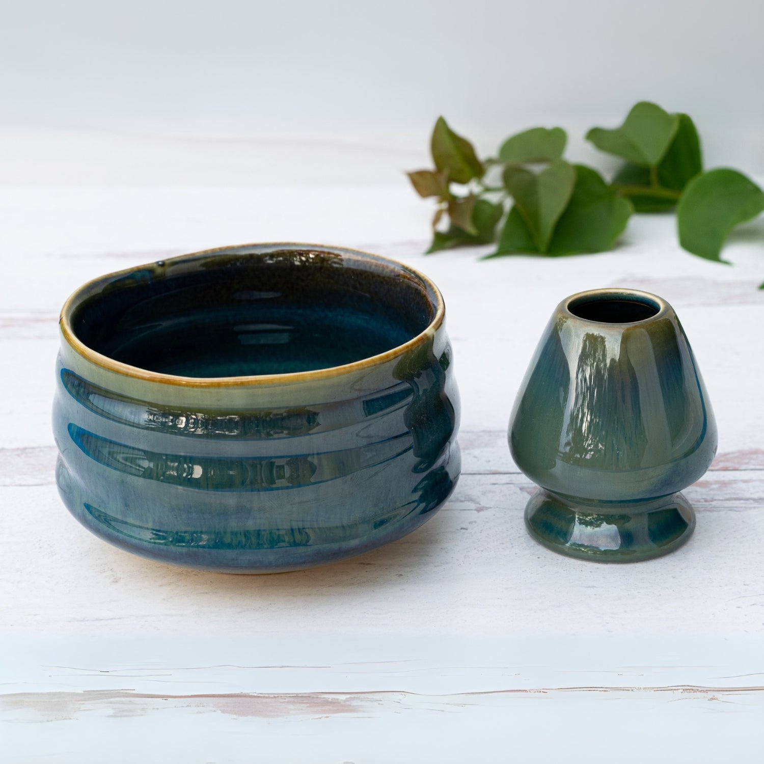 Blue Ceramic Matcha Bowl and Bamboo Whisk Set by Aprika Life