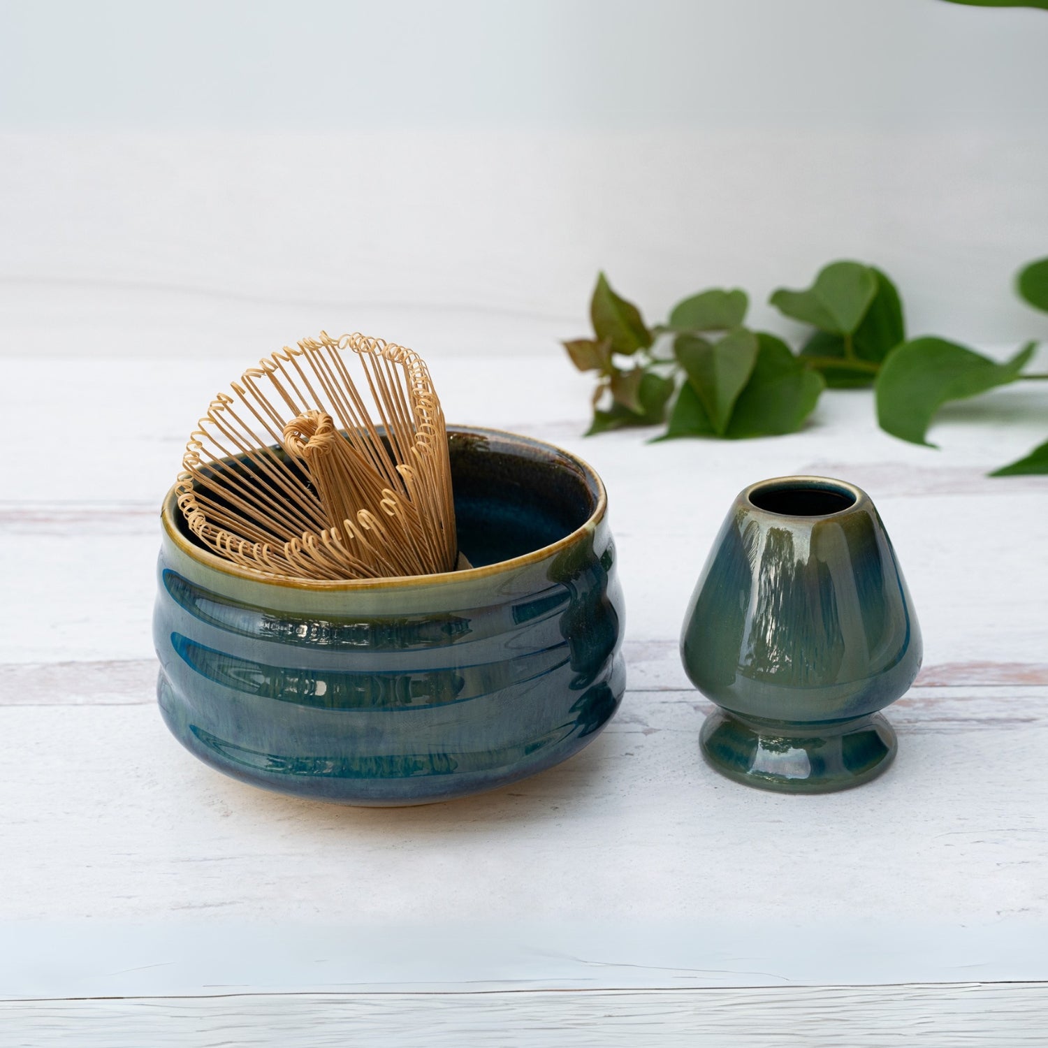 Blue Ceramic Matcha Bowl and Bamboo Whisk Set by Aprika Life
