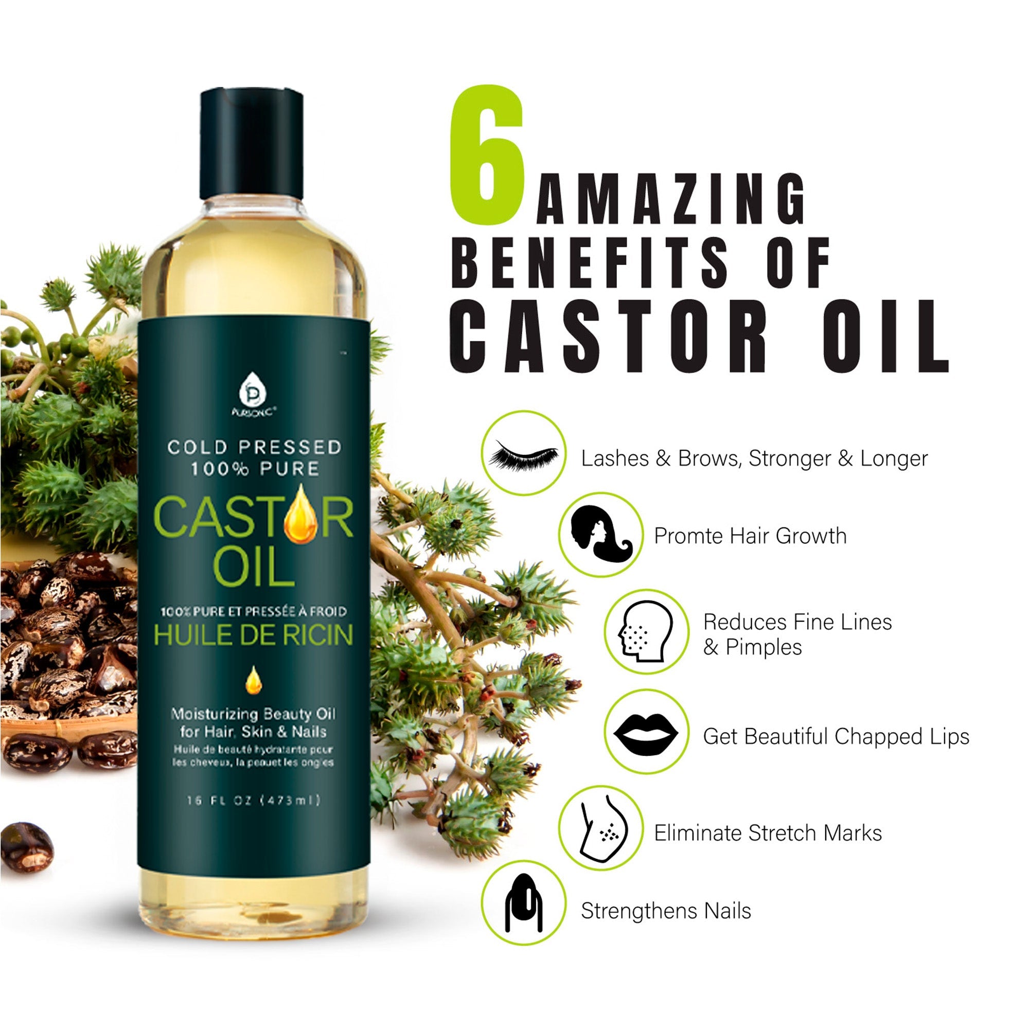 100% Pure Cold Pressed Castor Oil 16 Oz by Pursonic